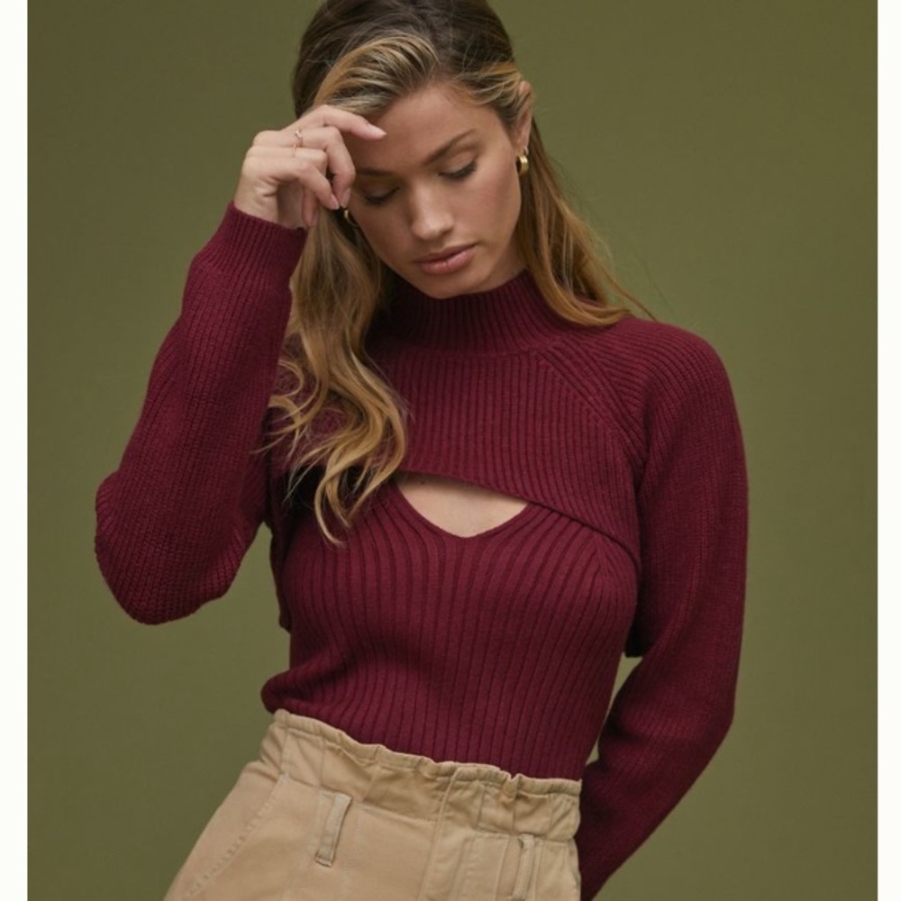 NWT Anthropologie Sweater Set Cut Out Shrug & Knit Tank Red Turtleneck Large